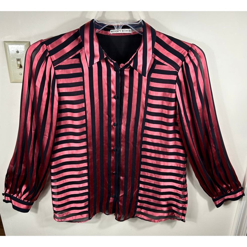 Alice Olivia Willis Top Women M Rose Pink Shadow Black Striped Silk Blend NO TIE